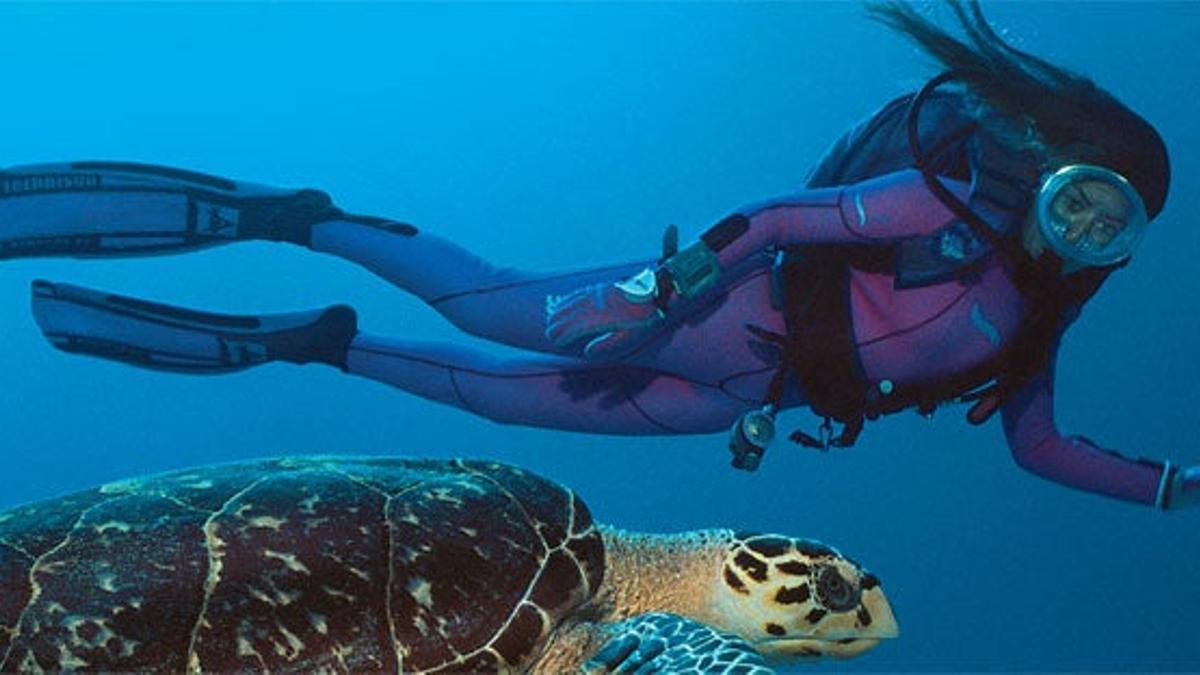 Una submarinista nada junto a una tortuga que busca una playa cubana tranquila para desovar.