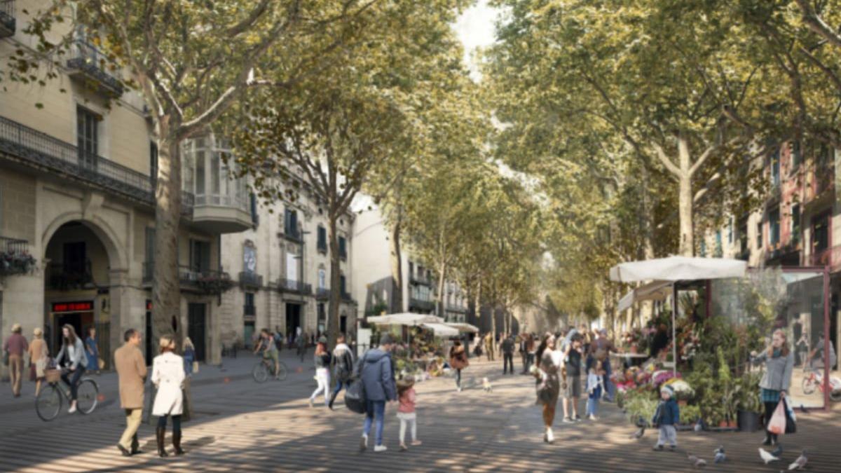 Recreaciones por ordenador de cómo quedará la Rambla según el proyecto de reforma presentado por el Ayuntamiento de Barcelona