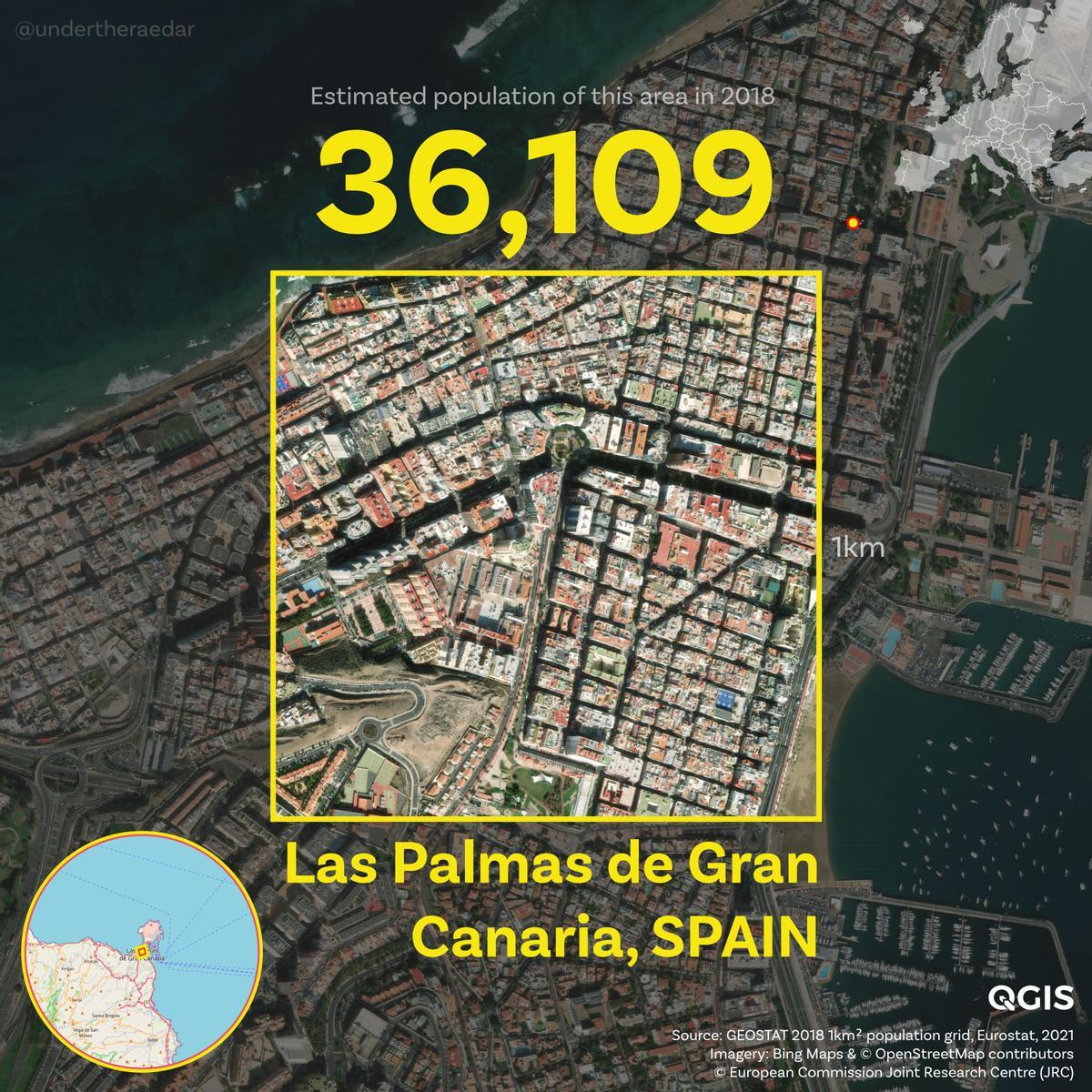 El kilómetro cuadrado más densamente poblado de Las Palmas de Gran Canaria.