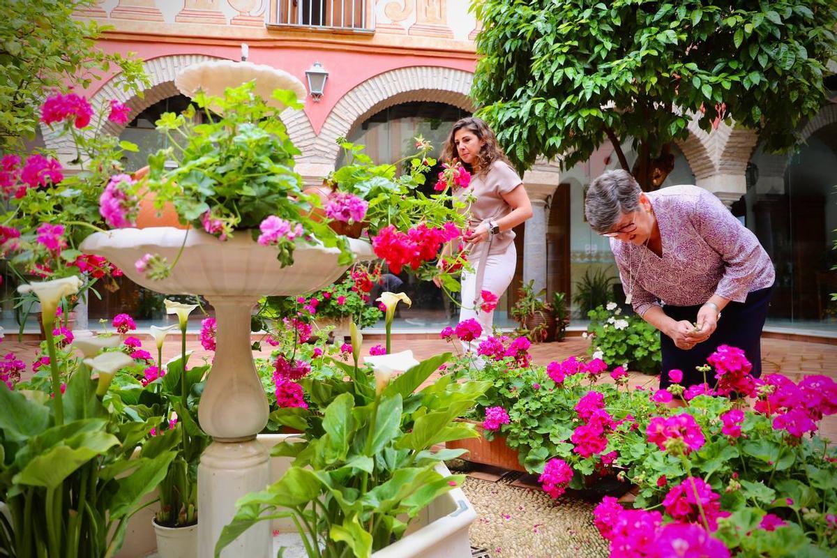 La hermana Petra repasa las flores de uno de los geranios de su patio en el Colegio de la Piedad.