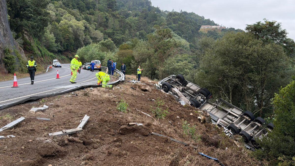 El camión de transporte de ganado que ha volcado esta mañana.