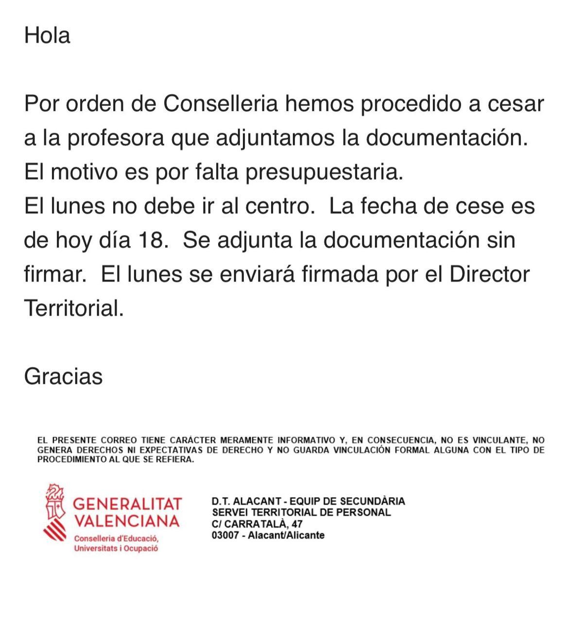 El mensaje enviado por Educación a los centros