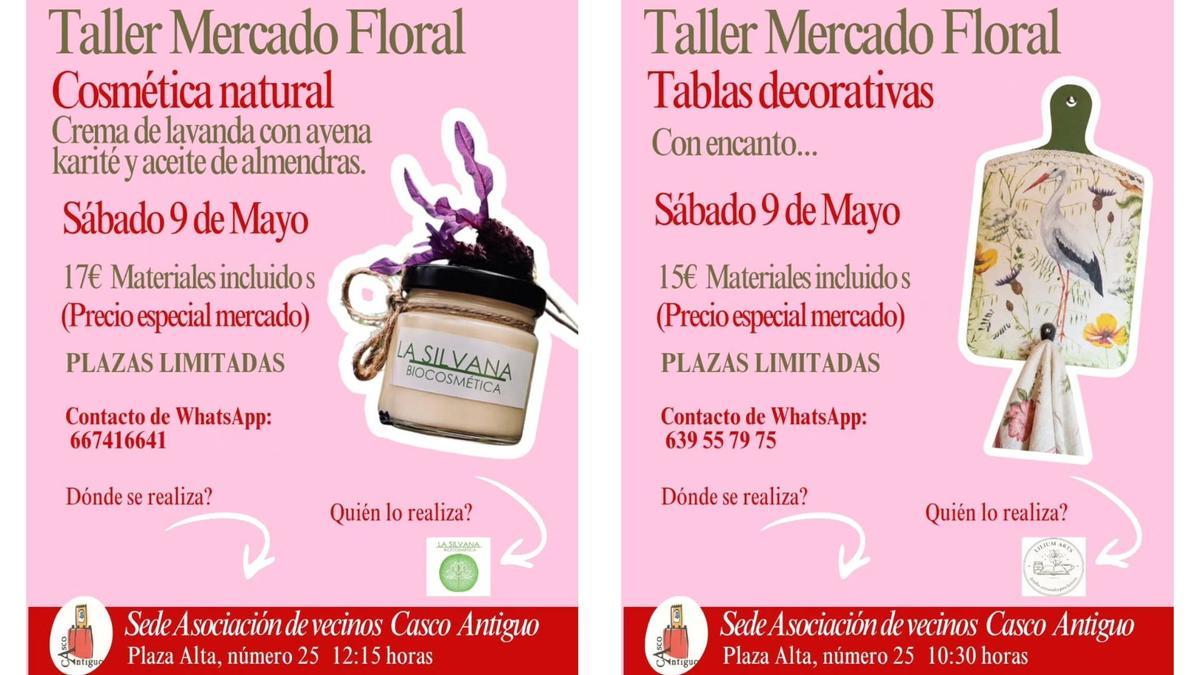 Carteles de los talleres programados para esta edición del mercado floral de la plaza Alta de Badajoz.