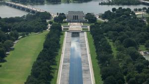 WASHINGTON, DC - AUGUST 05: The Lincoln Memorial Reflecting pool is shown partially filled on August 05, 2026 in Washington, DC. Charges of vandalism that damaged the American Blue lining of the reflecting pool were dropped recently after the U.S. Attorney for the District of Columbia, Jeanine Pirro, concluded there was no evidence to support the charges. Win McNamee/Getty Images/AFP (Photo by WIN MCNAMEE / GETTY IMAGES NORTH AMERICA / Getty Images via AFP)