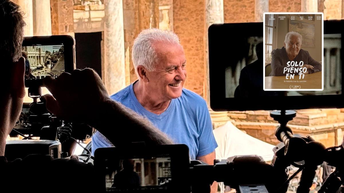 Víctor Manuel, en un momento del rodaje, y, en el recuadro, el cartel del documental.