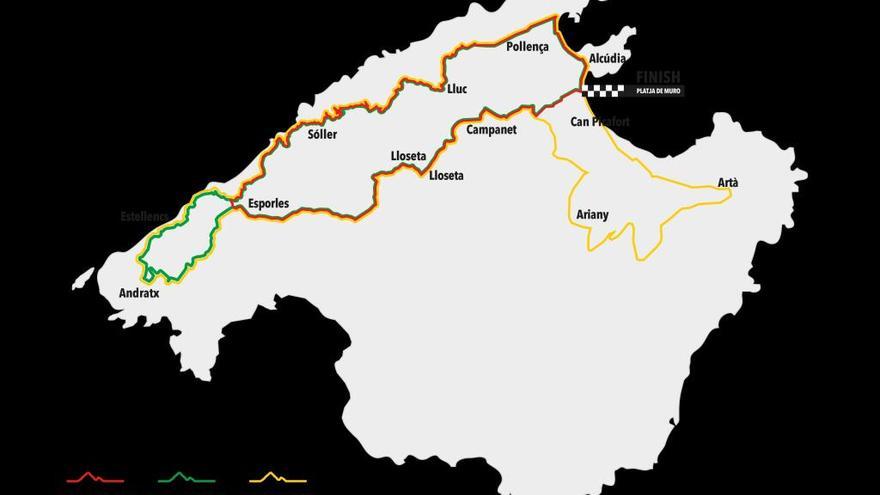 Mapa de Mallorca con el recorrido de las tres diferentes versiones de la dÃ©cima ediciÃ³n de la Mallorca 312 del sÃ¡bado, 27 de abril.