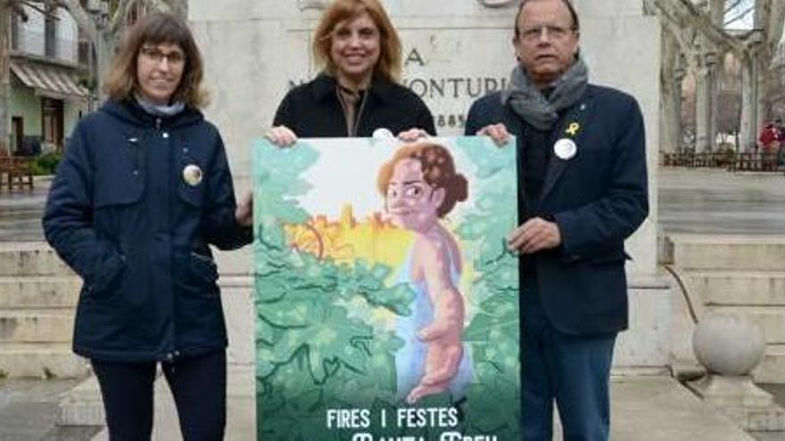 La i·lustradora (esquerra), dijous a la Rambla, presentant el cartell de les Fires.