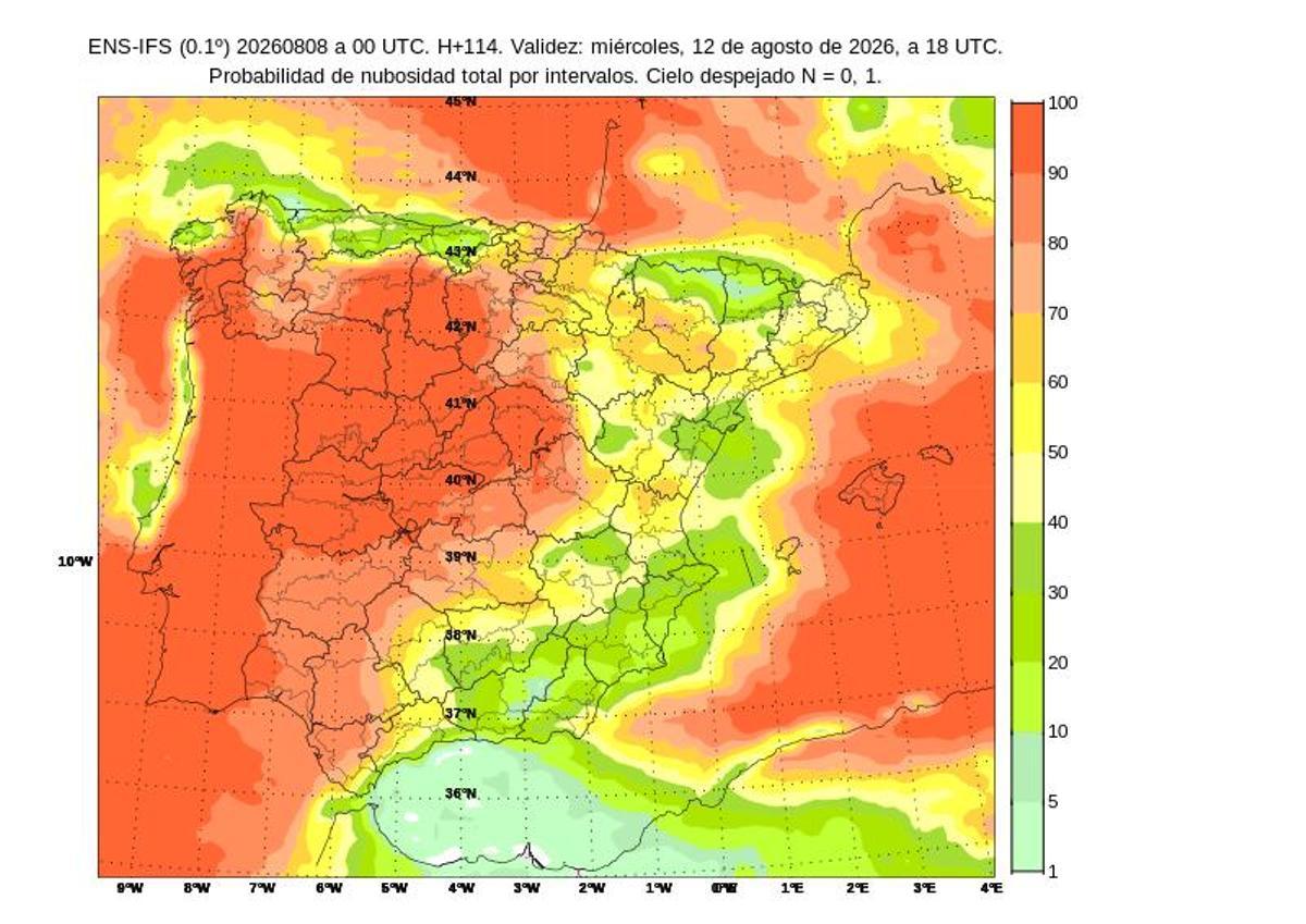 Mapa de probabilidades de nubosidad durante el eclipse.