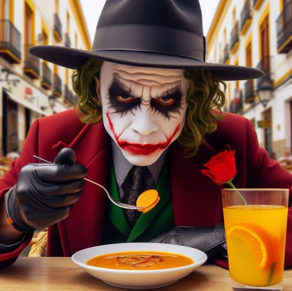 Joker (en la versión de Heath Ledger), comiendo salmorejo