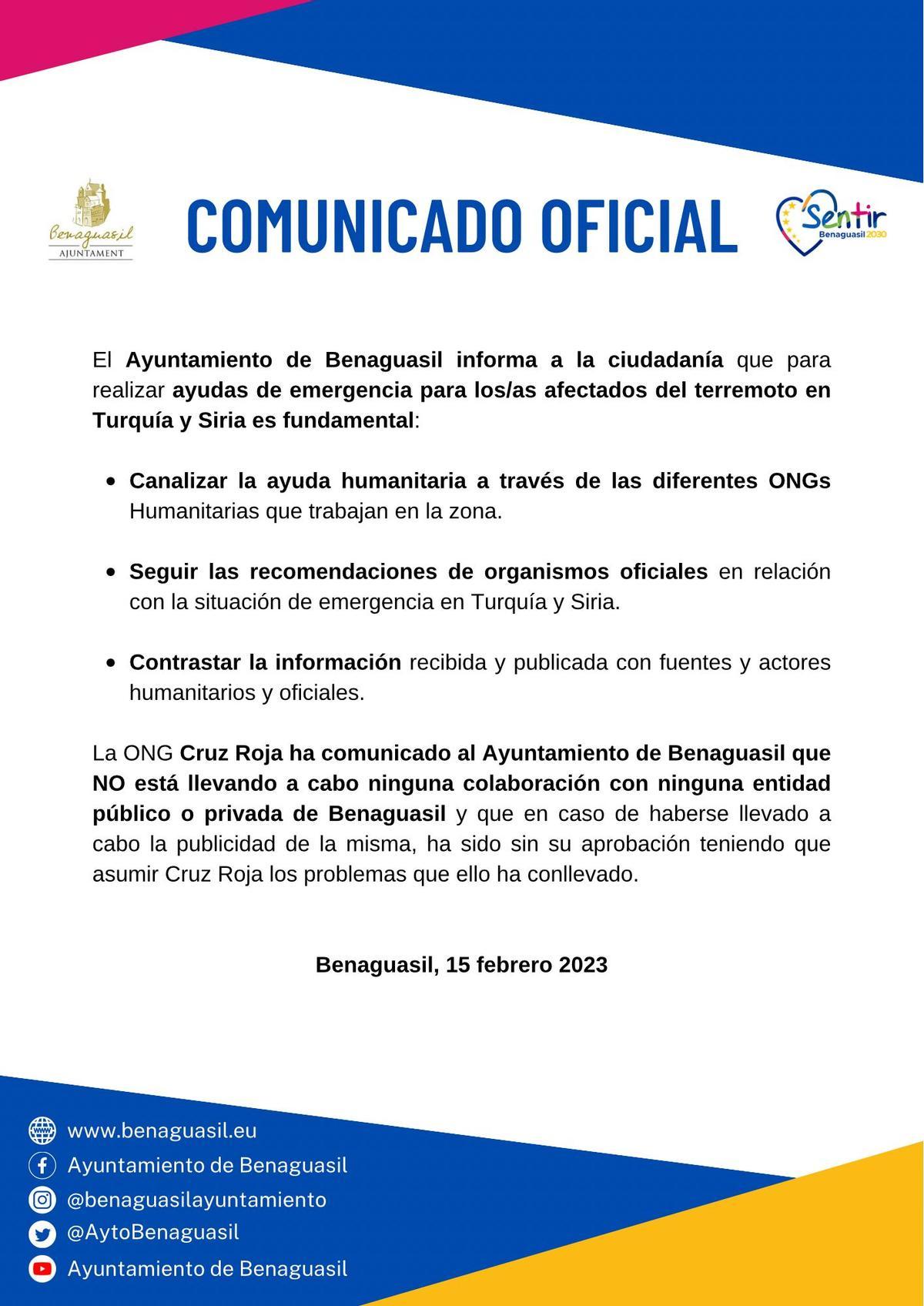 Comunicado del Ayuntamiento de Benaguasil