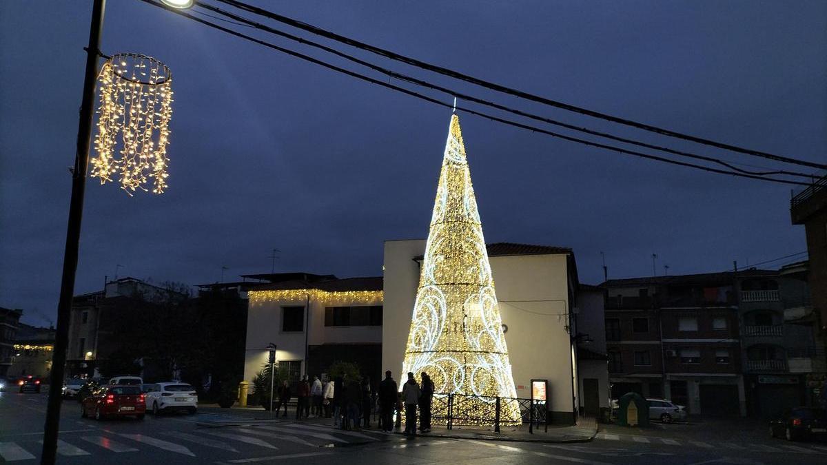 Un gran árbol ilumina una calle céntrica de Montehermoso.