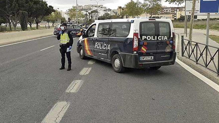 Agentes de la PolicÃ­a Nacional en un control de vehÃ­culos en Palma por la alerta sanitaria.