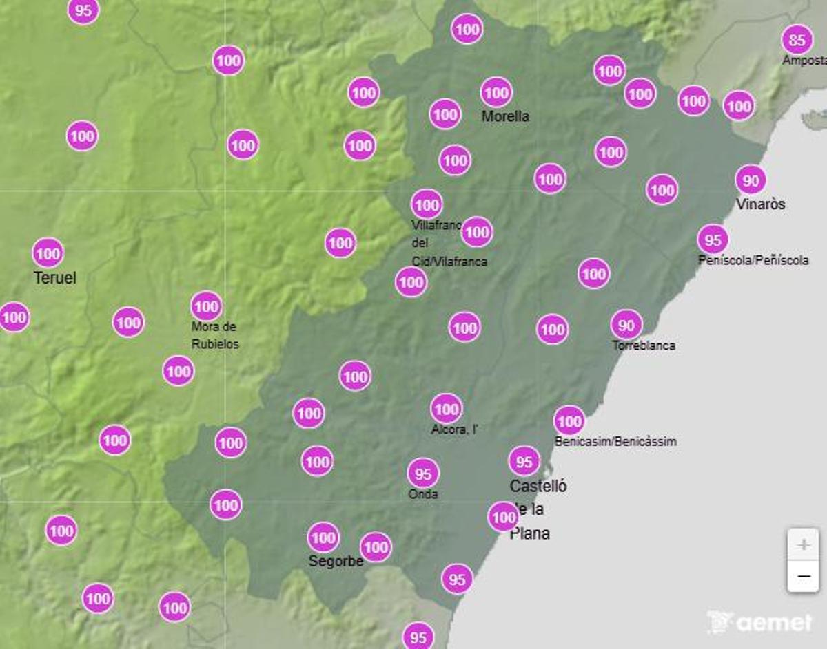 Probabilidad de lluvia en Castellón el lunes entre las 12.00 y las 18.00 horas.