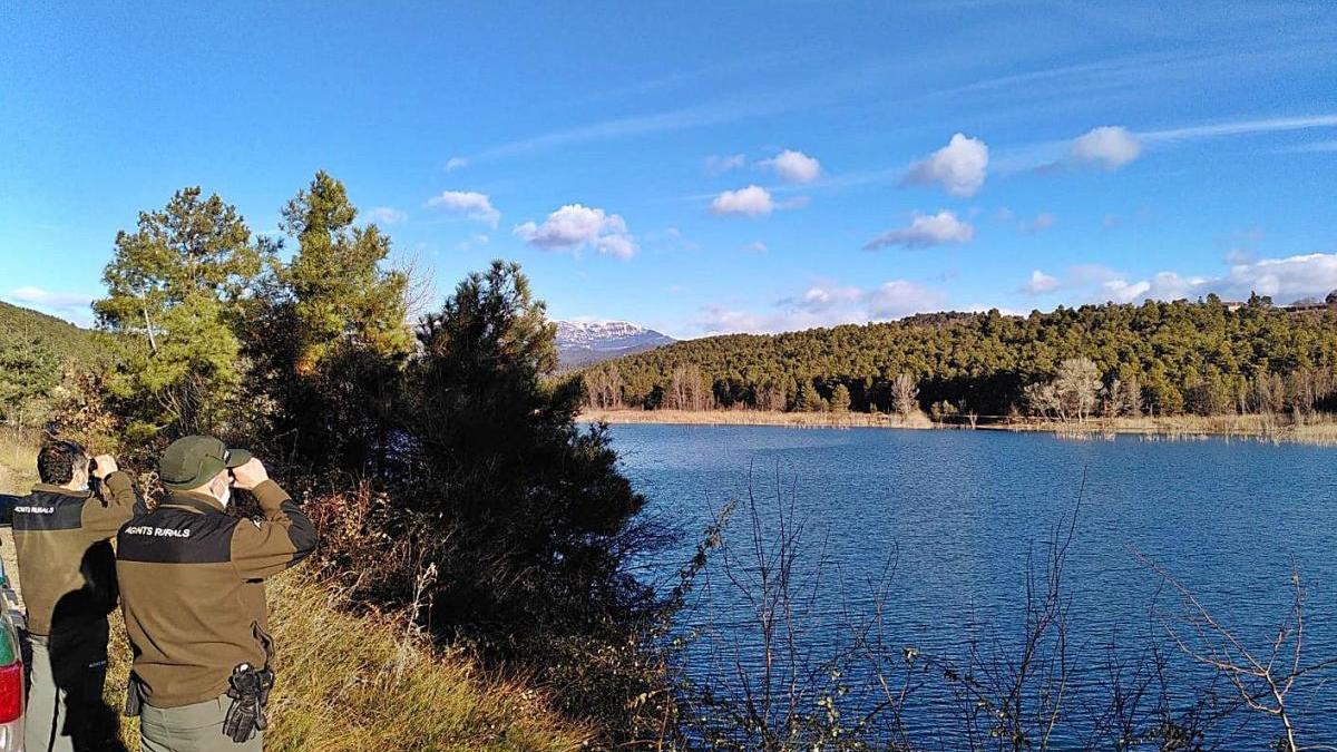 Dos agents rurals observen un embassament a la recerca d&#039;ocells aquàtics