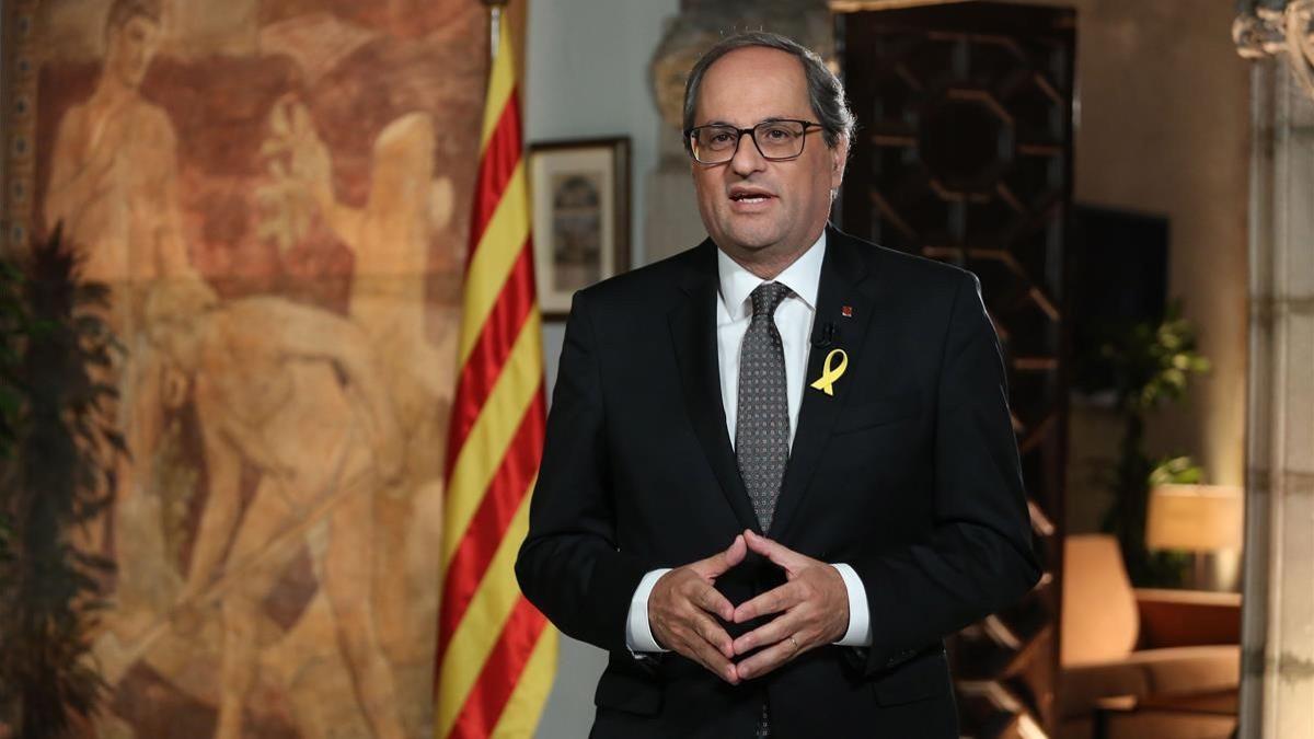 El 'president' Torra durante el mensaje institucional con motivo de la Diada Nacional de Catalunya.