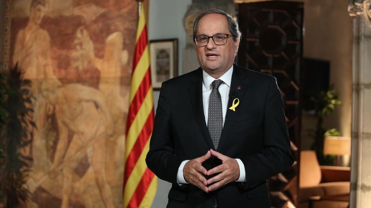 El ’president’ Torra durante el mensaje institucional con motivo de la Diada Nacional de Catalunya.