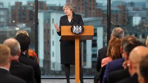 May, durante un discurso en Belfast, este martes. 