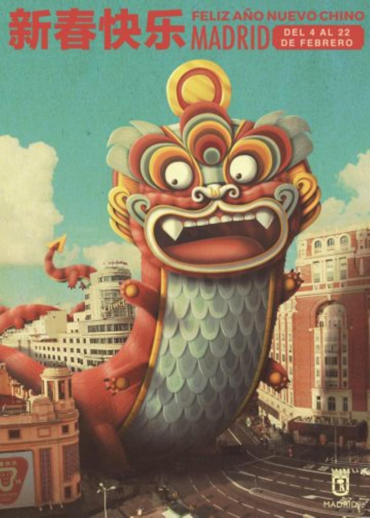 Cartel del Año Nuevo Chino 2016, un dragón irrumpe en la Gran Vía desde la Plaza de Callao para traer paz y prosperidad