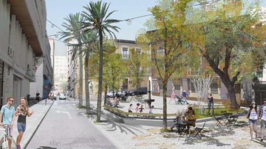 Imagen virtual de la nueva plaza de Balmis, con la fuente en el centro.