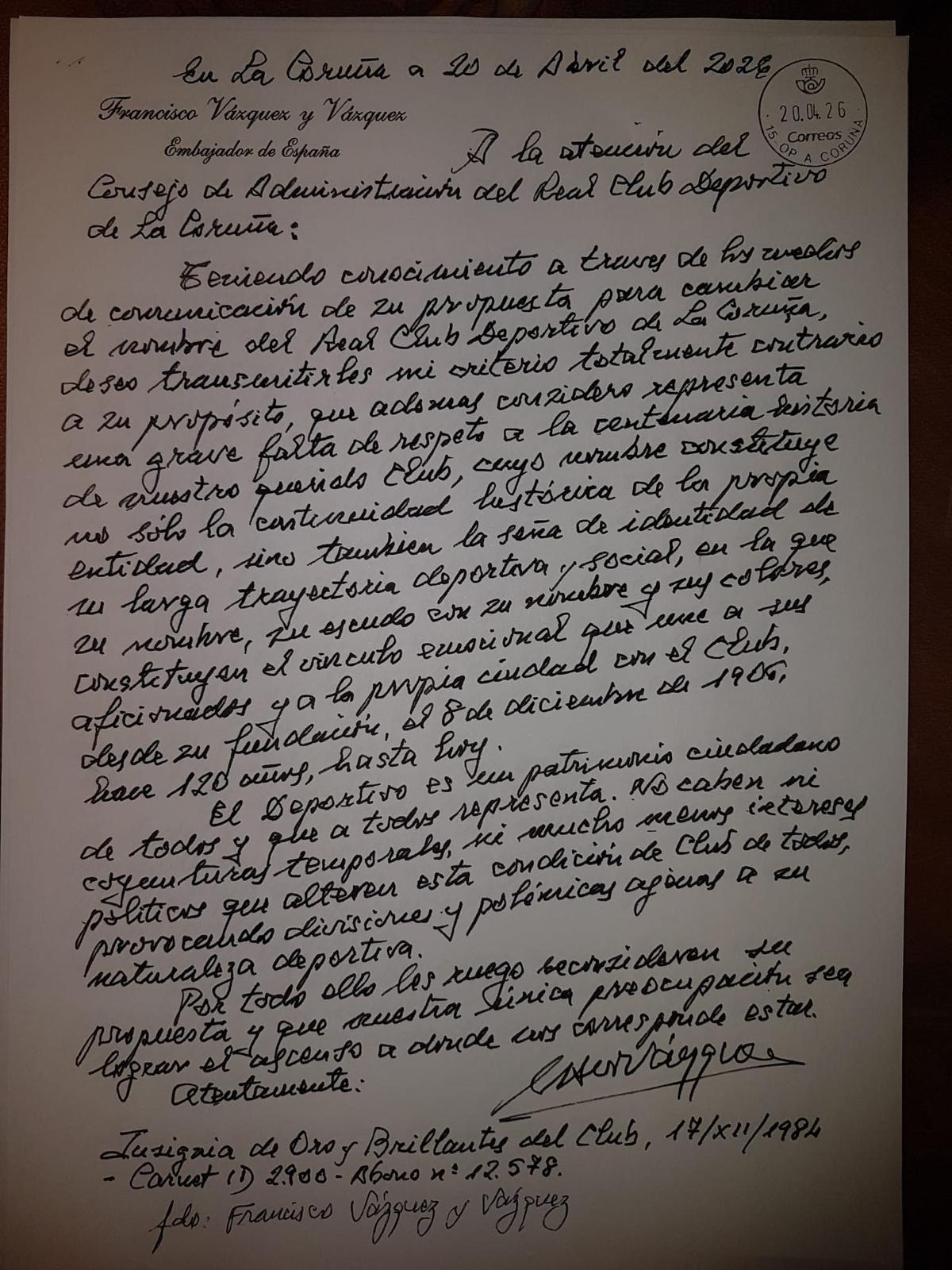 Carta remitida por Francisco Vázquez al Consejo de Administración del Deportivo