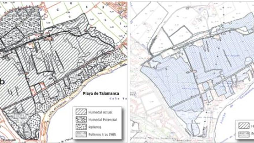 A la izquierda aparece la versión anterior del Plan Hidrológico de Balears para ses Feixes de Talamanca y a la derecha la nueva propuesta del Govern.