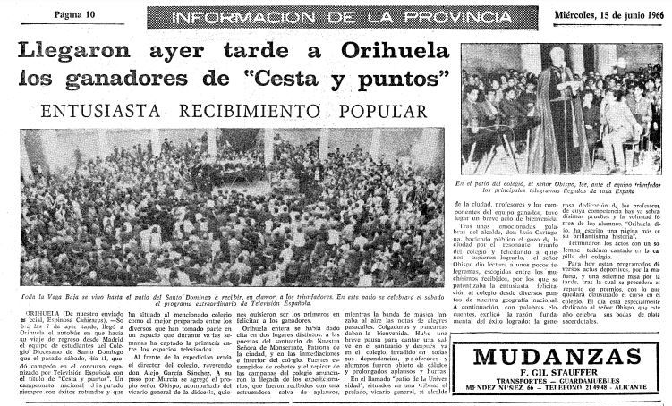 Artículo de INFORMACIÓN del miércoles 15 de junio de 1966 que daba cuenta del recibimiento de los ganadores de &quot;Cesta y Punto&quot;