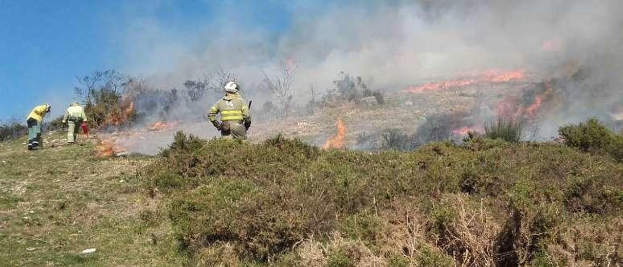 Efectivos del Distrito XVI, durante la quema prescrita en Sabucedo.