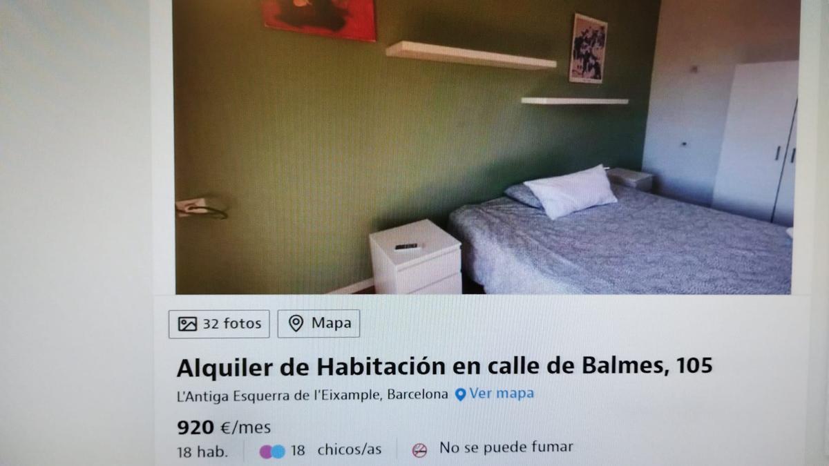 Anuncio de habitaciones compartidas en un inmueble con 18 cuartos.l