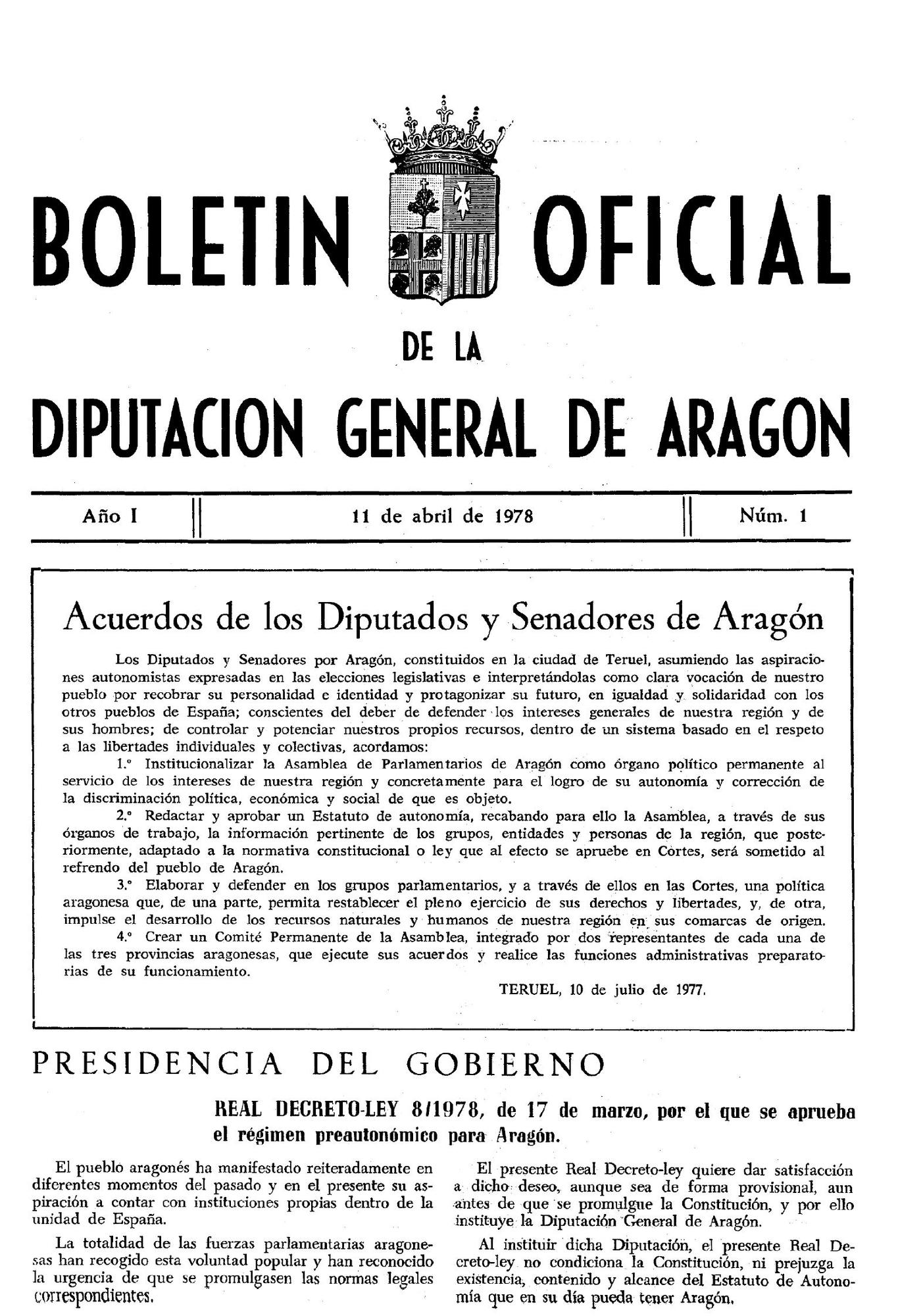 Portada del primer Boletín Oficial de Aragón que se publicó el 11 de abril de 1978.