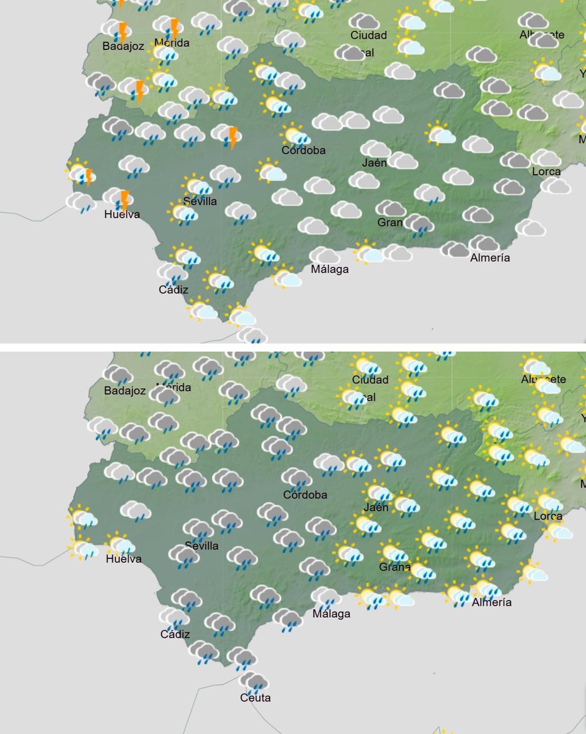 Previsión del tiempo en Andalucia el martes (12.00 a 18.00 horas) y miércoles (06.00 a 12.00 horas).