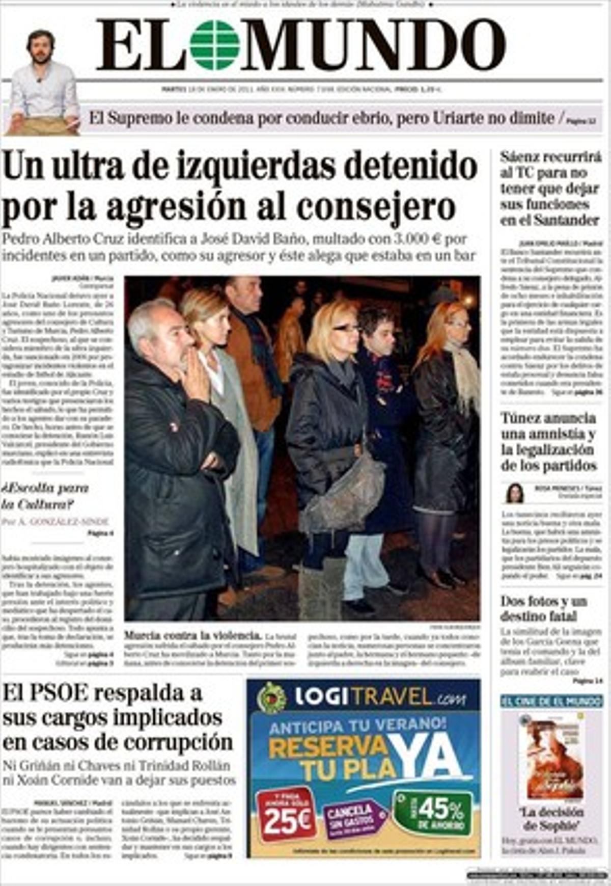’El Mundo’ deixa constància a dins que Mariano Rajoy es va reunir amb els generals per tractar de la situació de l’Exèrcit, una reunió inèdita  a la qual van assistir també altres parlamentaris del PP; que l’alcaldessa de València, Rita Barberá, demana presó per a la ministra Ángeles González-Sinde, i que la SGAE canvia d’estratègia: No anirà contra l’usuari per via penal, declara el seu president, Teddy Bautista.