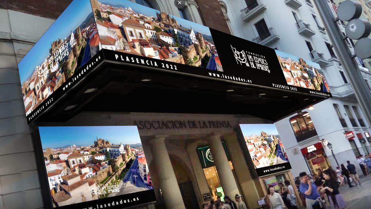 Publicidad de las Edades del Hombre en el Palacio de la Prensa de la Gran Vía y Callao.