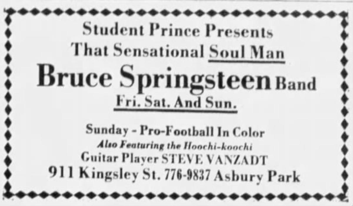 Anuncio de unas actuaciones de Bruce Springsteen con Steve Van Zandt en el Student Prince de Asbury Park, en diciembre de 1971.