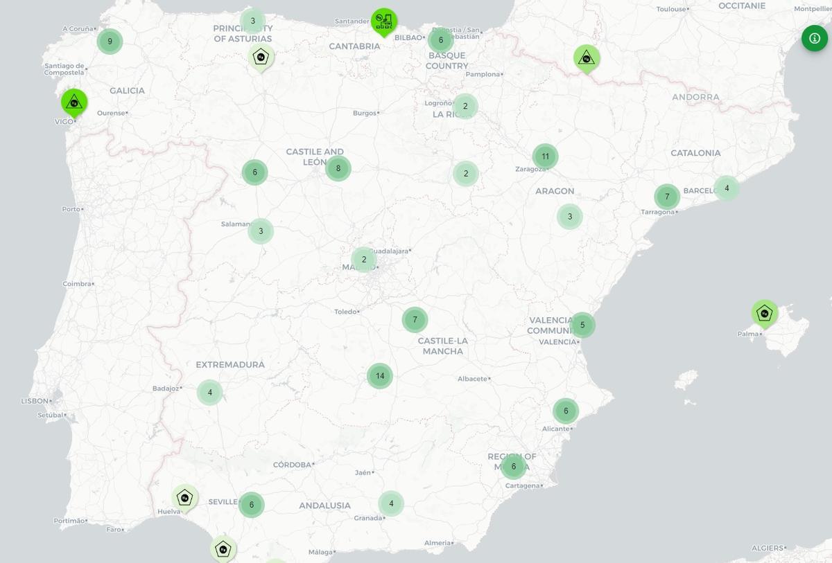 Mapa de proyectos de hidrógeno verde en España.