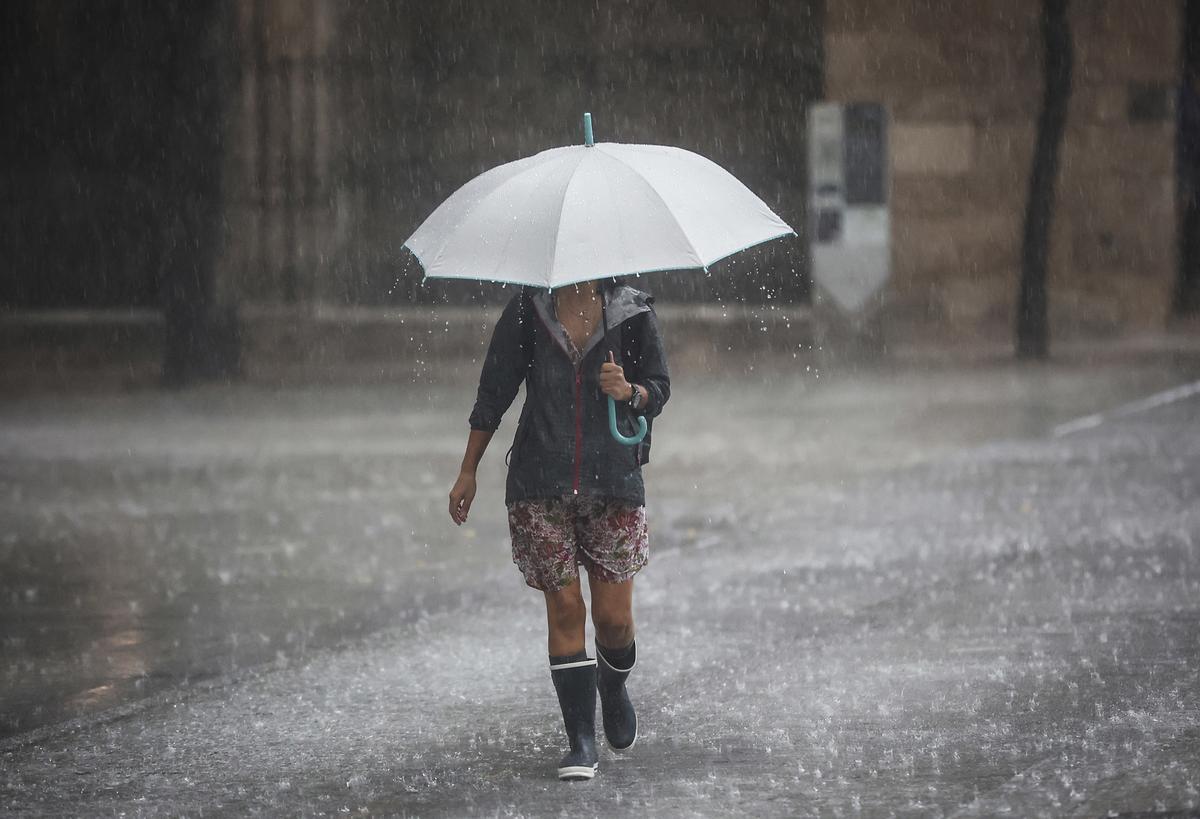 Una mujer bajo un paraguas en la calle mientras cae una fuerte tromba de agua en Valencia.