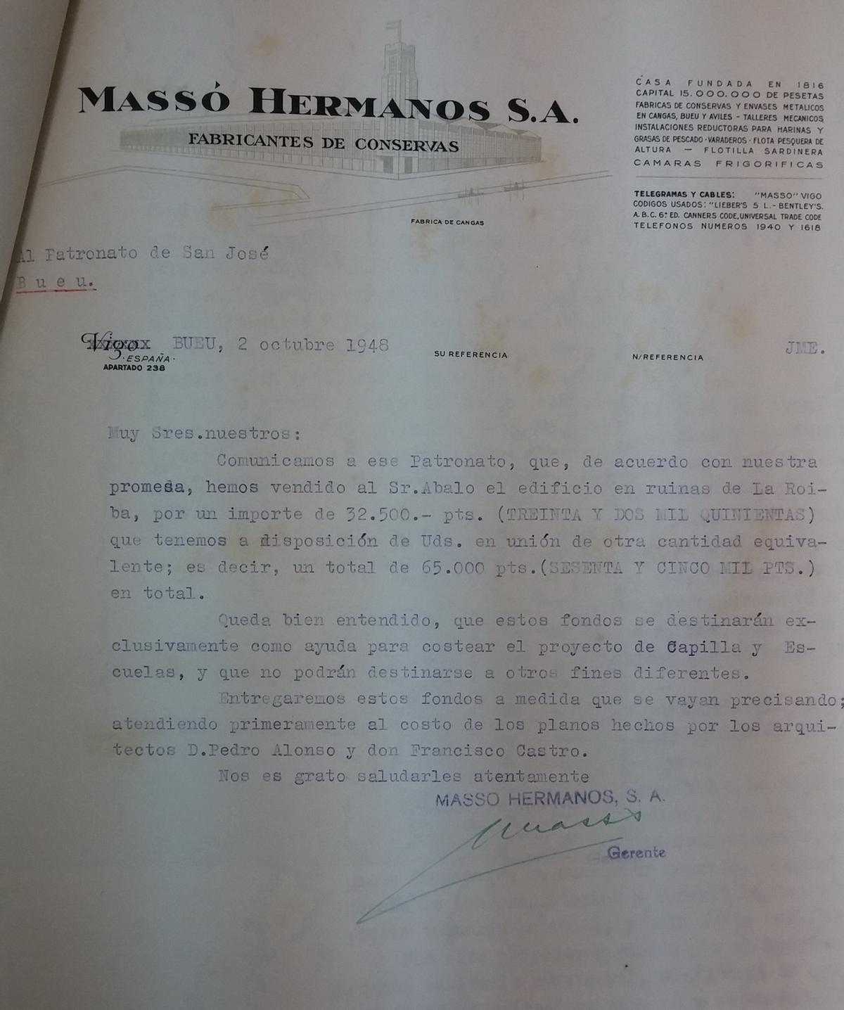 Una carta de la conservera Massó Hermanos, de octubre de 1948, en la que comunica al Patronato San José dos donaciones para el proyecto de la capilla y escuela náutica.