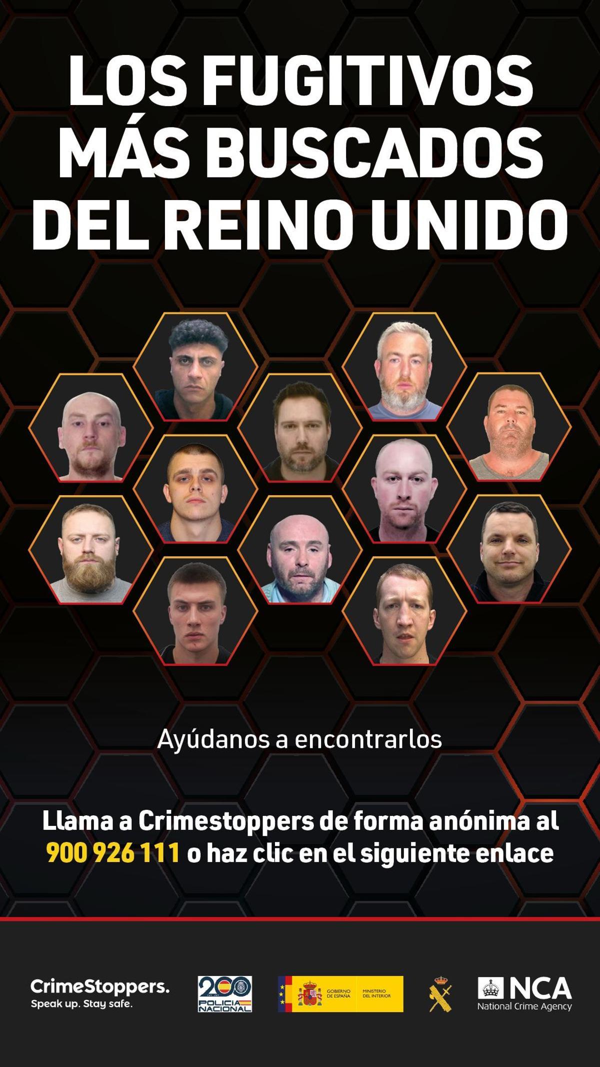 Cartel con los 12 criminales más buscados del Reino Unido.