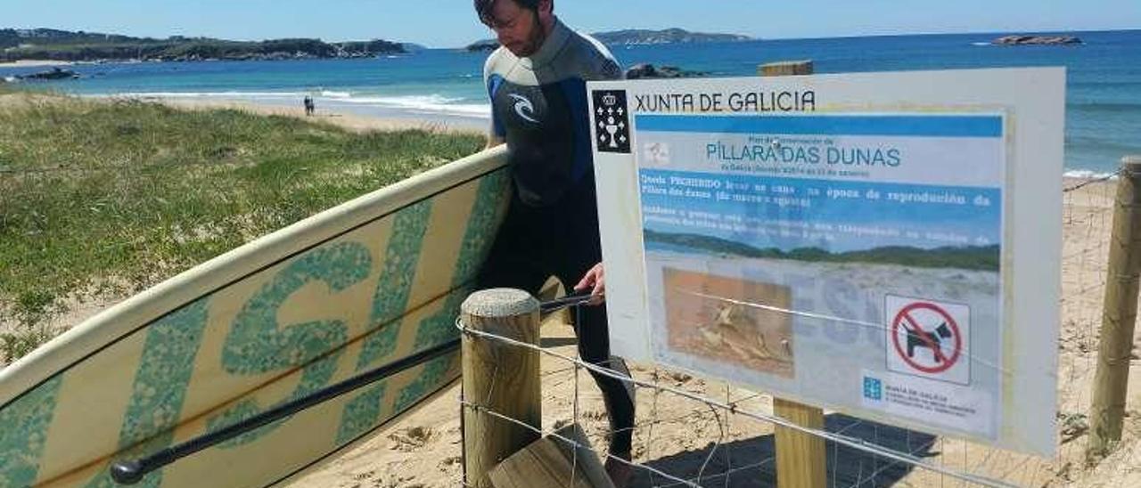 Un surfista pasa al lado de un letrero que habla de la &quot;píllara&quot;. // FdV