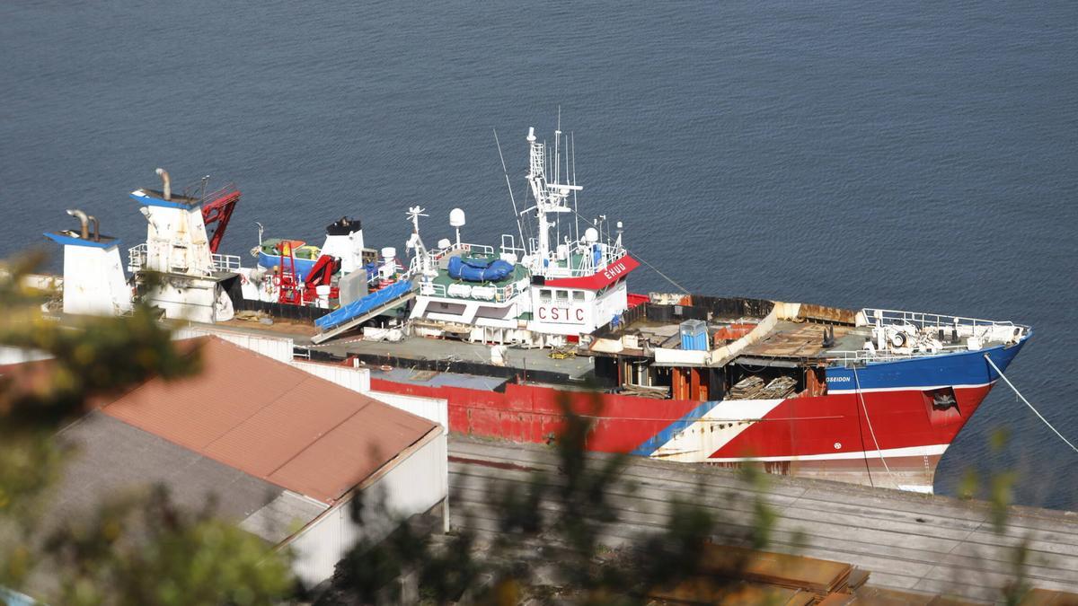 El buque oceanográfico del CSIC &quot; García del Cid &quot;, en el que desapareció la tripulante de Cangas do Morrazo Carmen Fernández durante una campaña en 2023, abarloado junto a otro para su desguace en las instalaciones de DDR Vessels, en el puerto de El Musel ( Gijón ).