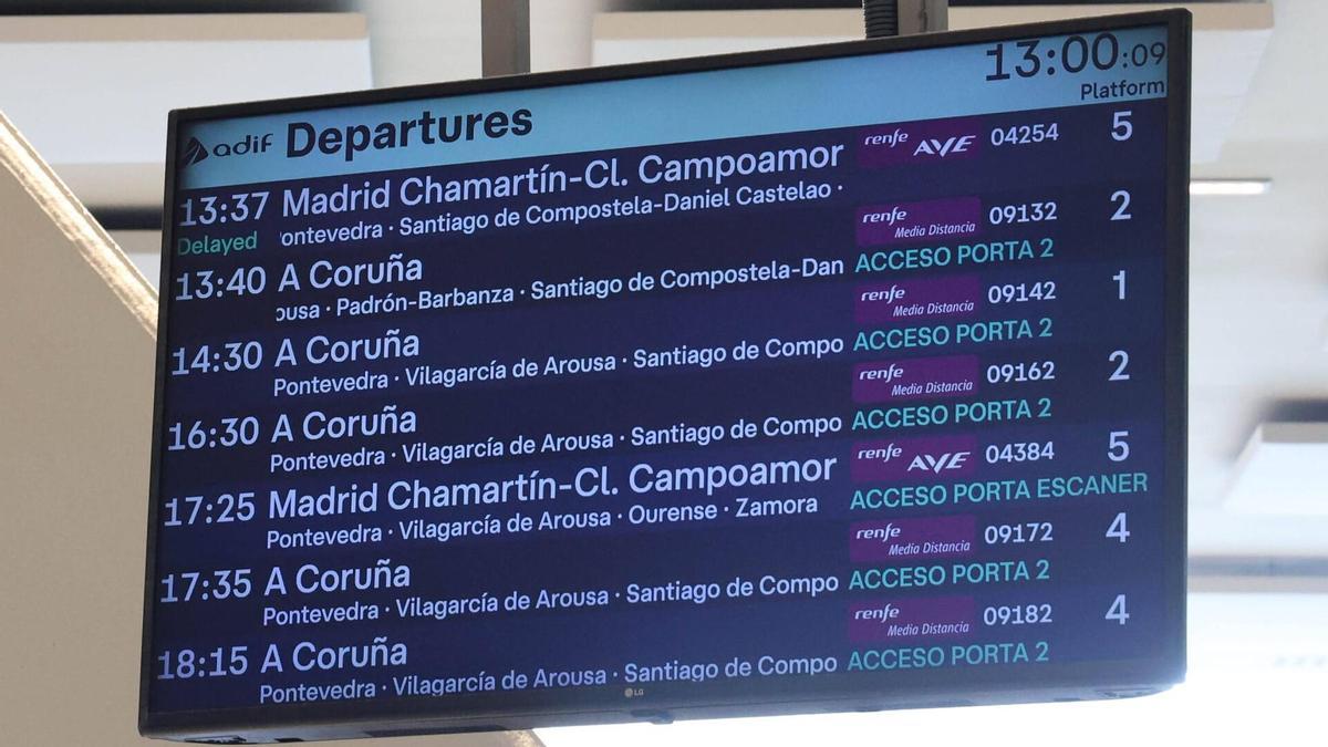 Panel en la intermodal de Urzaiz (Vigo) con los horarios de los trenes.