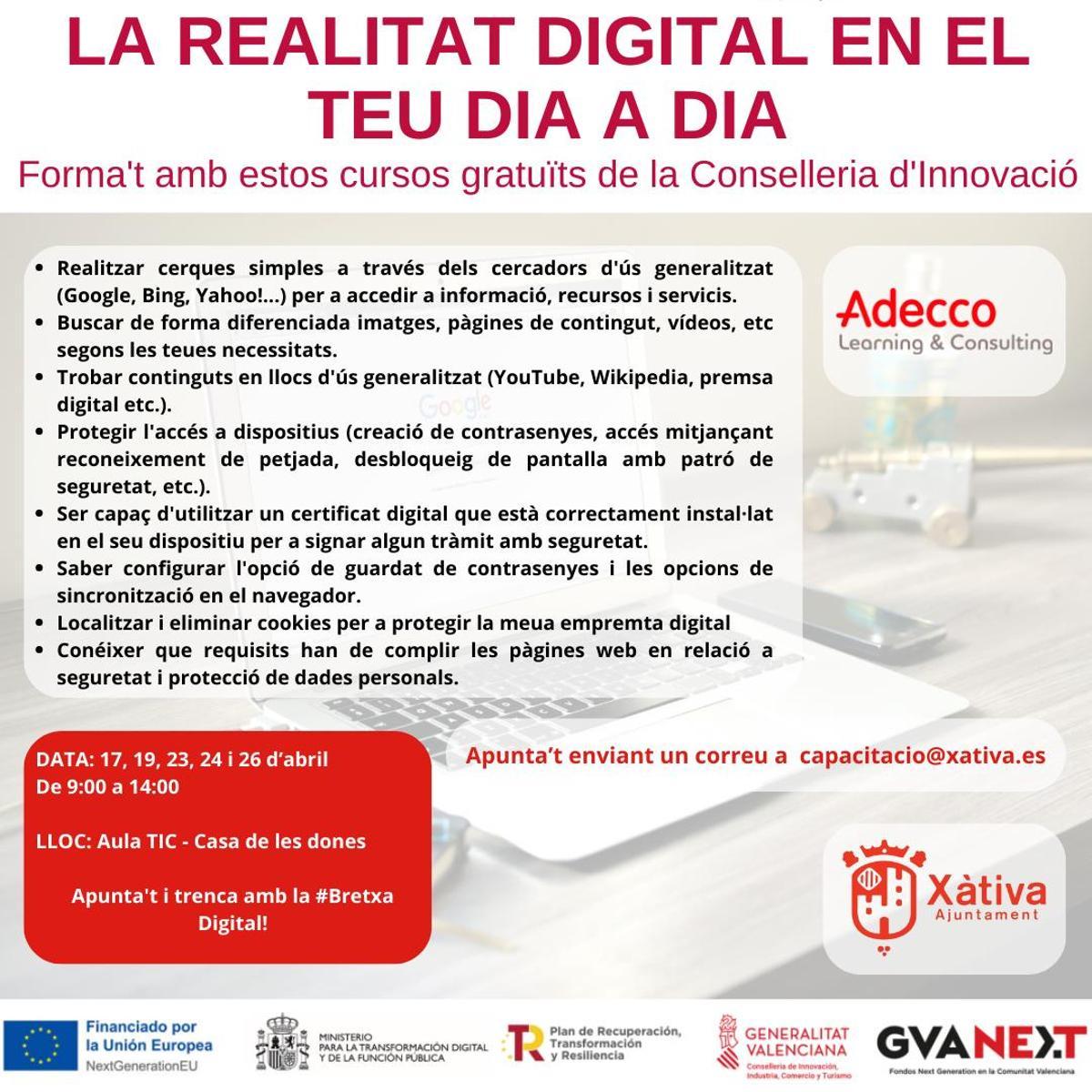 El Ayuntamiento de Xàtiva lanza varios cursos de capacitación digital.