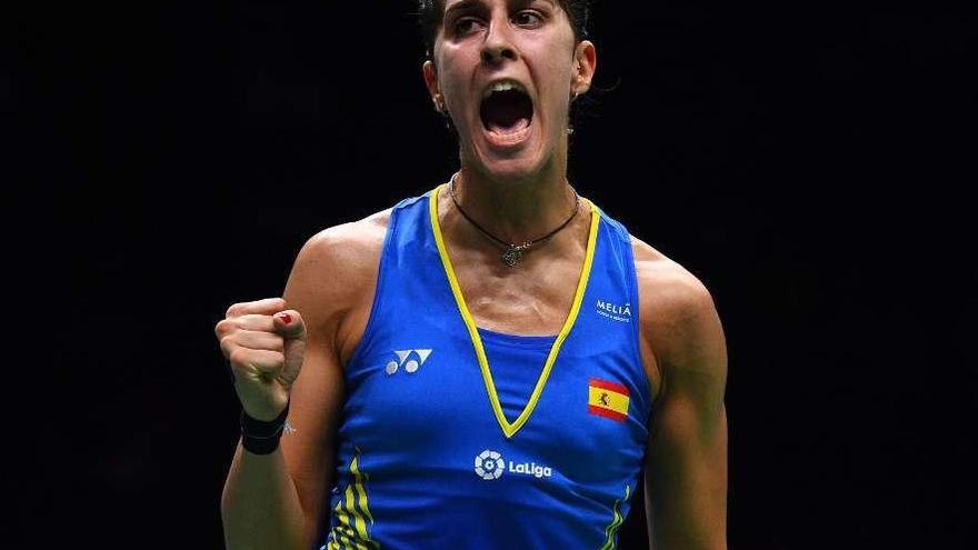 Carolina Marín celebra su clasificación para la final del Campeonato del Mundo de bádminton.