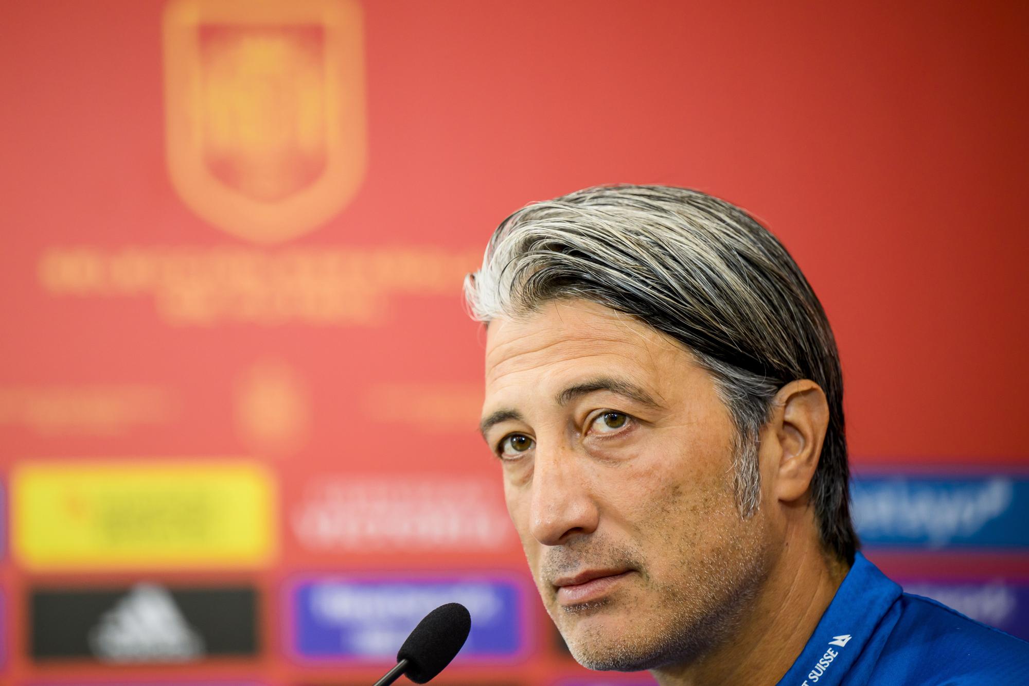 Switzerland's head coach Murat Yakin attends a press conference ahead of the UEFA Nations League match