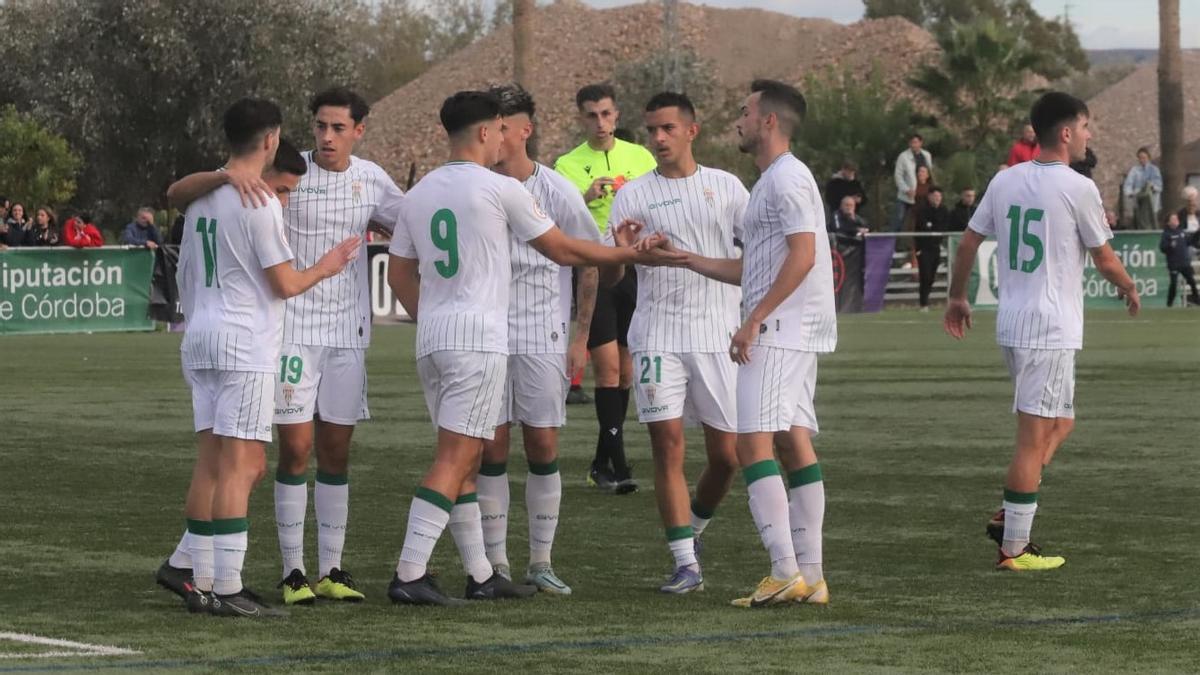 Los futbolistas del Córdoba CF B celebran un gol en la Ciudad Deportiva.