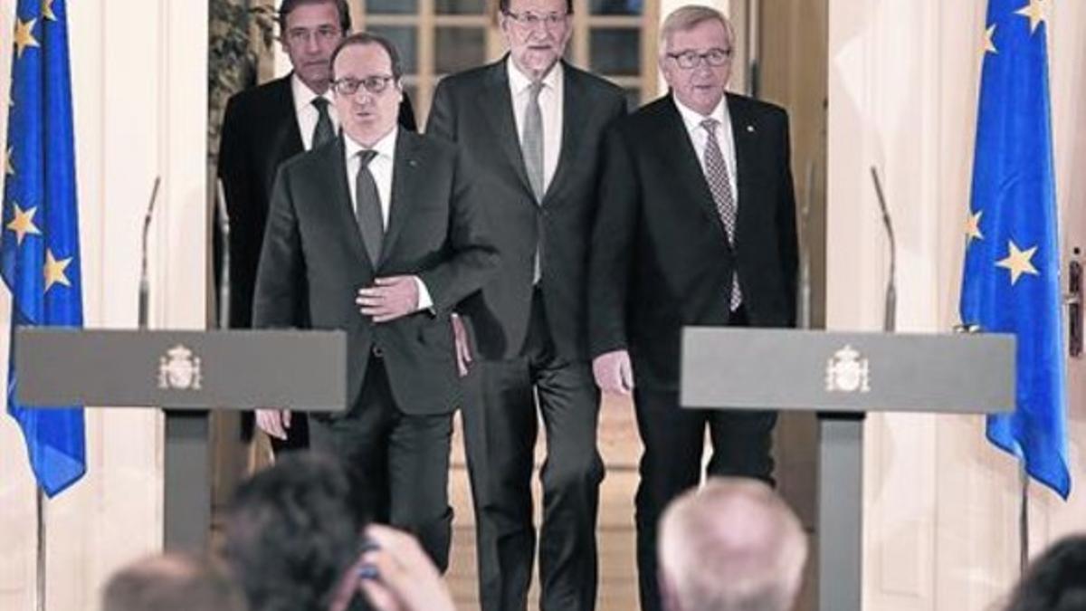 Passos Coehlo, Hollande, Rajoy y Juncker, ayer en Madrid.