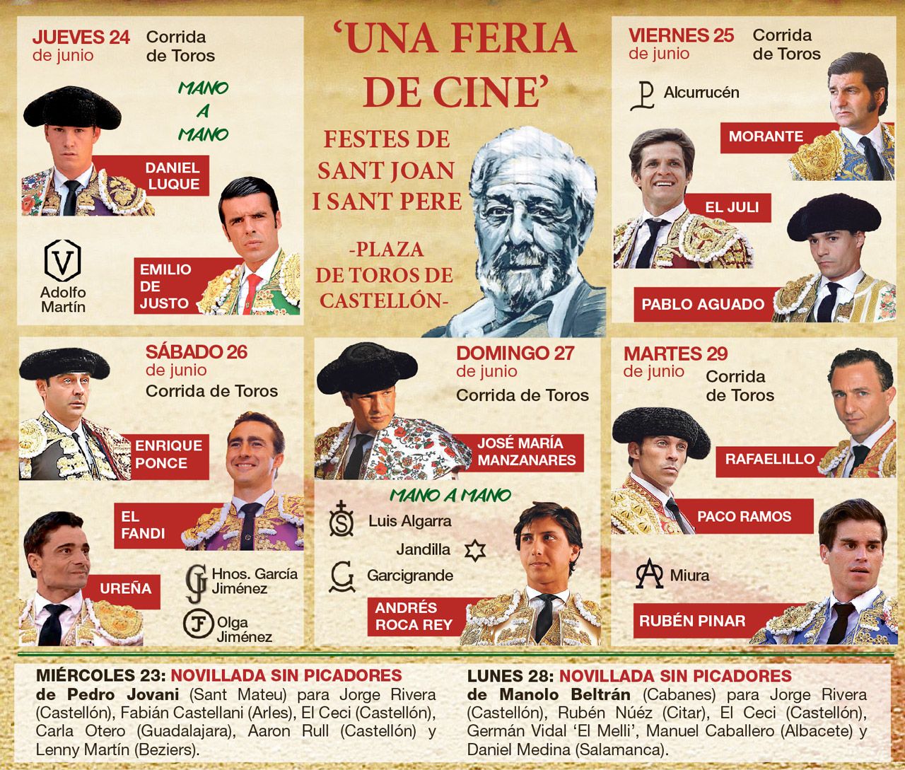 Cartel completo de la Feria de cine con todas las figuras del toreo y las ganaderías del momento.