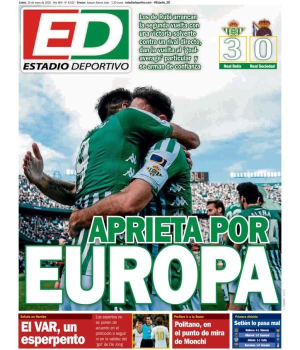 Portada ESTADIO DEPORTIVO lunes 20 enero 2020