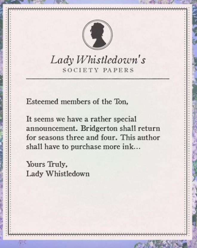 Anuncio de Lady Whistledown de la tercera y cuarta temporada de Los Bridgerton