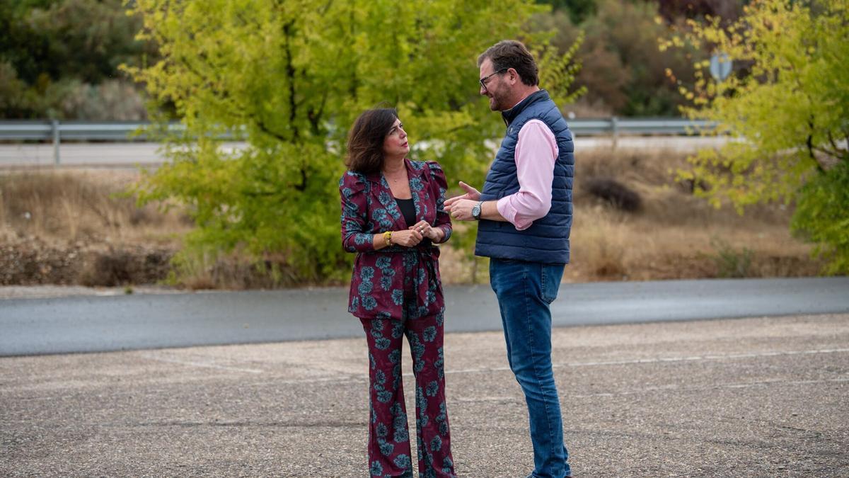 Matilde Esteo y Antonio Martín conversan junto a la carretera A-431,sobre la que se hará la pasarela..