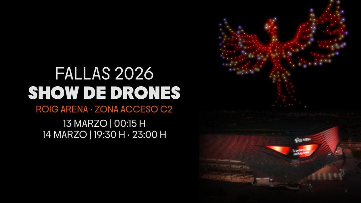 Cartel anunciador del espectáculo de drones en el Roig Arena de València.